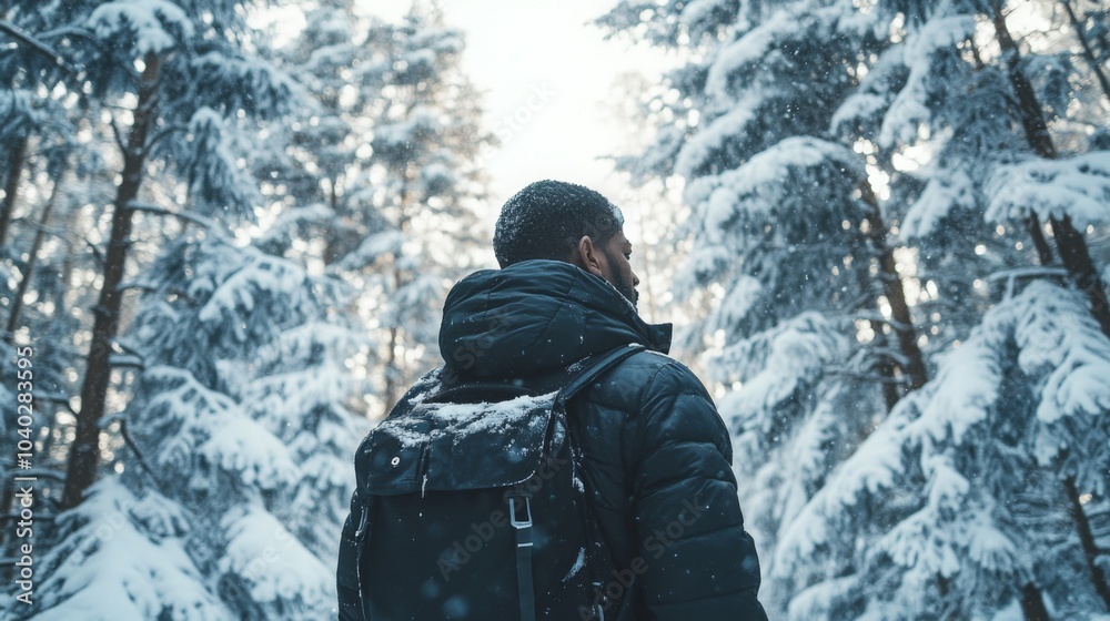 Poster a man wearing a dark puffy jacket with a black backpack walks through a snowy forest. he is looking 