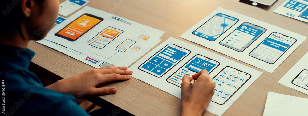 Poster panorama banner of startup company employee planning on user interface prototype for mobile applicat