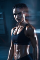 Obraz premium Unstoppable Strength: A powerful female athlete, glistening with sweat, embodies determination and resilience in a dramatic, moody portrait. 