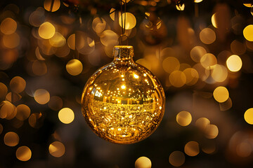 Golden yellow  christmas  ornamental balls on tree