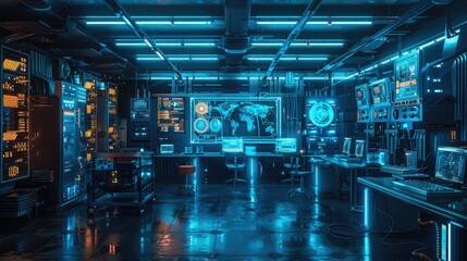 High-tech lab with glowing equipment and digital interfaces