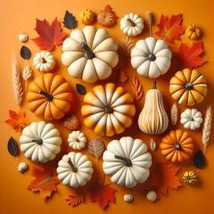 Decorative pumpkins on an orange background