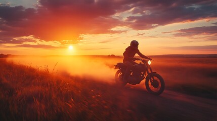 A motorcyclist in a helmet speeding across a wide, open landscape, the sunset stretching across the horizon, the sky transitioning from deep reds to soft purples,