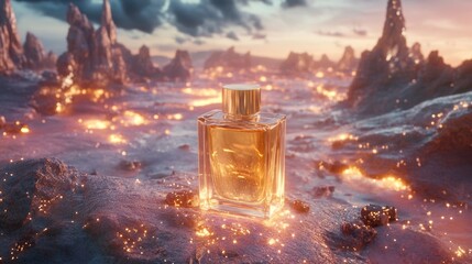 A bottle of perfume is placed on a rocky beach with a fiery background