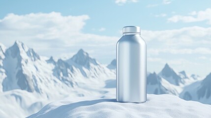 Winter Sports Adventure: Insulated Silver Thermo Water Bottle on Snowy Mountain Peak with Alpine Views and Ski Gear