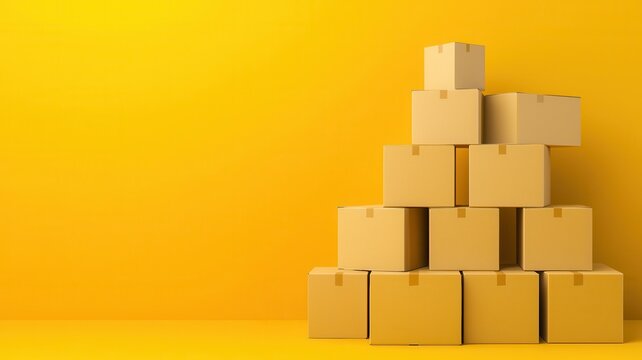 Stack of yellow cardboard boxes on a vibrant yellow background.