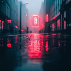 Fototapeta premium A foggy urban street illuminated by red neon lights reflecting on wet pavement.