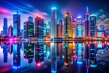 Fototapeta premium Stunning Neon Cityscape at Night with Modern Skyscrapers and Bright Lights for Urban Aesthetic