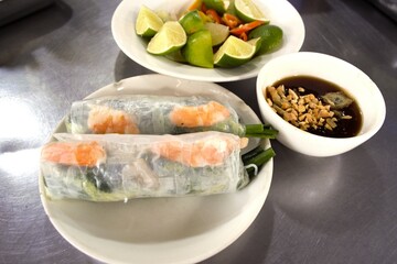 Vietnamese cuisine, spring rolls at the local restaurant in Ho Chi Minh City, Vietnam