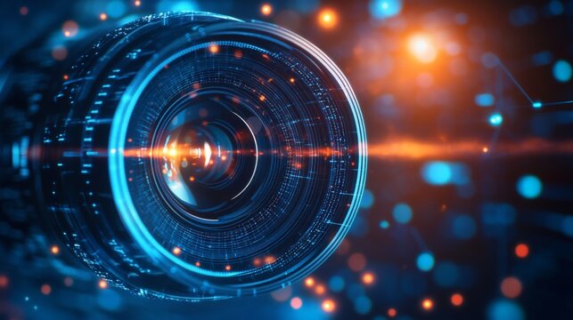 Geometric Lens Design, a modern, abstract representation of a camera lens, featuring intricate geometric patterns and a blend of technological elements and vibrant colors.