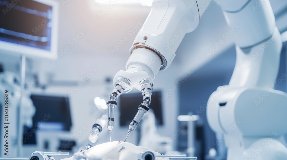Poster a robotic arm performing delicate surgery on a robotic model in a high-tech medical training center,