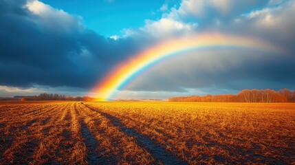 Fototapeta premium A breathtaking rainbow over a golden field after rain