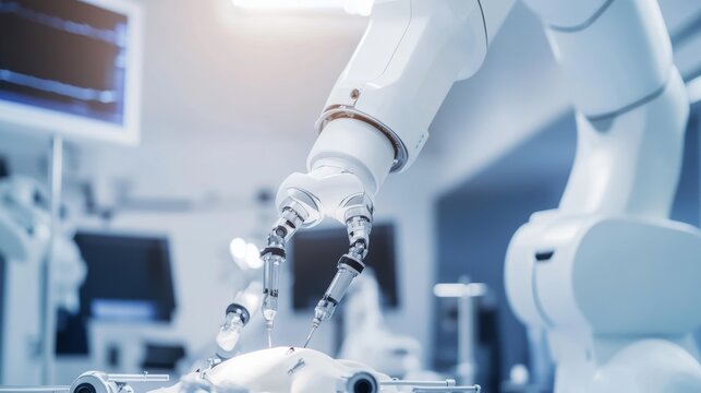 A robotic arm performing delicate surgery on a robotic model in a high-tech medical training center, clean and precise training environment, Training style