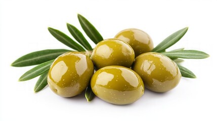 Fresh green olives with vibrant leaves, isolated against a clean white backdrop, showcasing their natural color and texture in a simple and appealing arrangement.