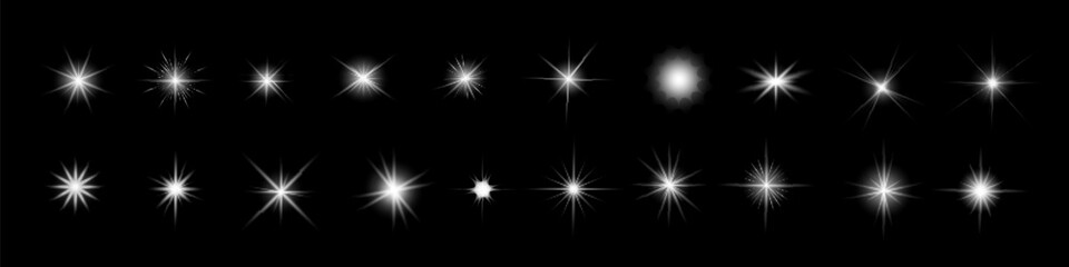 Obraz premium Glow isolated white transparent starlight effect set, lens flare, explosion, line, sun flash, glitter, spark and stars. Abstract special effect element design. Shine ray with lightning,