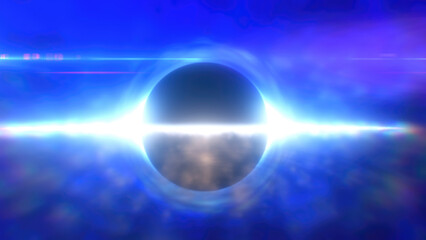 Abstract glowing object resembling a black hole surrounded by bright light in a deep blue space