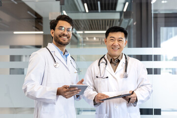 Smiling doctors in white coats with stethoscopes in modern office. One holding digital tablet, promoting teamwork, healthcare professionalism, collaboration, trust, and friendly medical environment.
