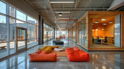 Innovative office design with transparent walls and open spaces