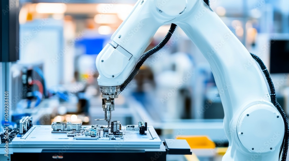 Aufkleber A robotic arm performing detailed assembly work in a high-tech electronics lab, clean and precise environment with a focus on intricate tasks, Technical style
