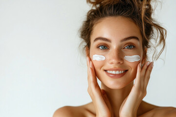 Gesichtspflege im natürlichen Licht – Close-up auf das Gesicht einer Frau mit Gesichtscreme 