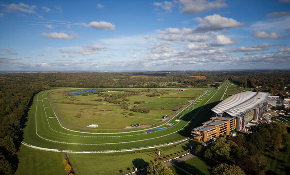 ASCOT, UK - OCTOBER 27, 2024: Aerial view of Ascot racecourse, horse racing venue of Royal Ascot, taken on Champions Day in Autumn