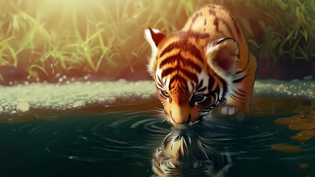 tiger cub reflected seeing a mirrored adult tiger in water. Seeing courage, potential, danger and fear. Ambition, dreaming, twinship, ambition, and excessive self-regard and self-overeating.