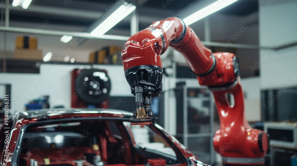 Poster a robotic arm performing detailed painting in a high-end car customization workshop, clean and sophi