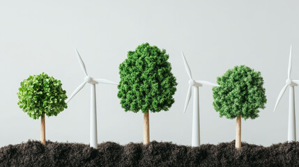 Sustainable energy is represented by miniature trees and wind turbines, symbolizing eco friendly practices and greener future. This image captures essence of environmental awareness and innovation