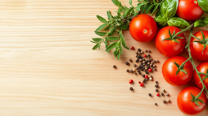 
A vibrant assortment of fresh tomatoes, herbs, and spices is beautifully arranged on a rustic wooden surface, showcasing their rich colors and textures in a cooking preparation setting