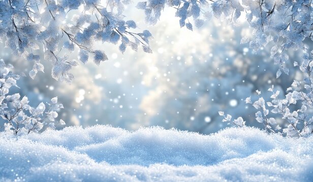 Beautiful snow background with bokeh, soft blue tones, and a winter wonderland theme features a large pile of fresh white snow at the bottom edge Generative AI