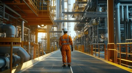 A worker in an oil and gas facility, wearing safety gear like a hard hat and a high visibility safety coverall with reflective stripes