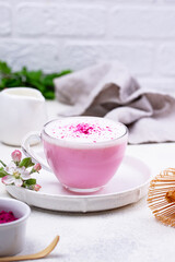 Pink matcha latte with milk