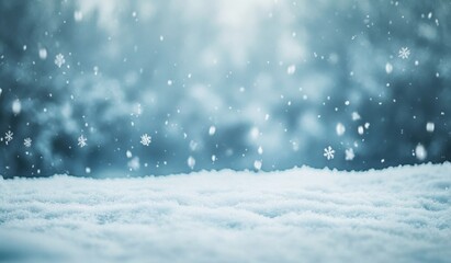 A beautiful background of snow, light blue, blurred background, white and silver, with snowflakes falling in the foreground, creating an atmosphere of winter Generative AI