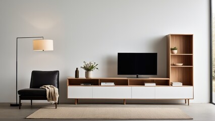A modern living room features sleek wooden and black furniture, a television, minimalist decor, a potted plant, and a large window with ample natural light.