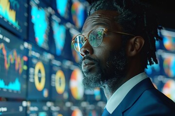 African American man in formal suit analyzing multiple data graphs on digital screens in a modern office setting. Person focusing on statistical charts with analytical expressions under neon lighting.