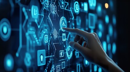 Hand touching a virtual screen with futuristic technology icons on a dark blue background, representing a data center, server room, or network security concept.