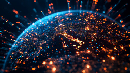 Obraz premium A stunning view of Earth illuminated by city lights, showcasing vibrant blue and orange connections that represent data flow and technology. This image captures beauty of our planet from space, highli