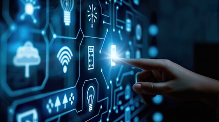 Hand touching a virtual screen with futuristic technology icons on a dark blue background, representing a data center, server room, or network security concept.