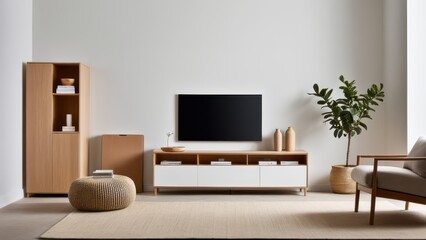 A modern living room features sleek wooden and black furniture, a television, minimalist decor, a potted plant, and a large window with ample natural light.