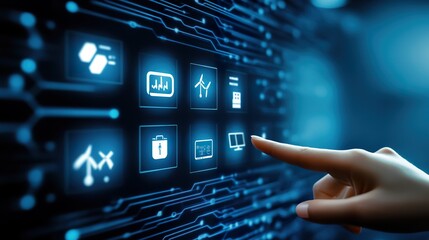 Hand touching a virtual screen with futuristic technology icons on a dark blue background, representing a data center, server room, or network security concept.