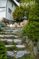 stone stairs, house, clay jugs, pots, plants, trees, greenery, bushes, autumn, landscape, decorative