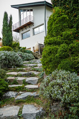 stone stairs, house, clay jugs, pots, plants, trees, greenery, bushes, autumn, landscape, decorative