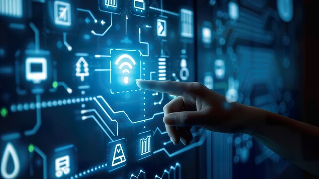 Hand touching a virtual screen with futuristic Smart energy storage technology icons on a dark blue background, representing a data center, server room, or network security concept.