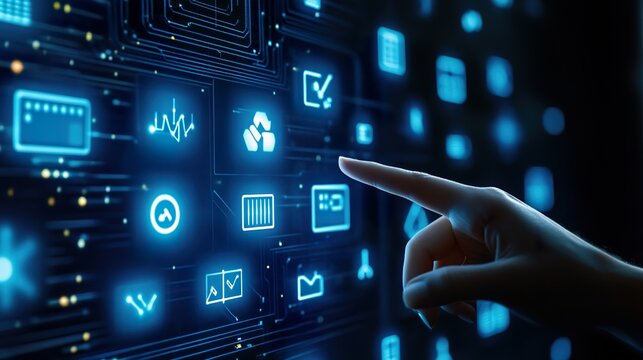 Hand touching a virtual screen with futuristic technology icons on a dark blue background, representing a data center, server room, or network security concept.