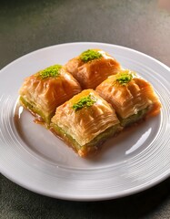Delicious baklava on a white plate with a top view, perfect for restaurant menus