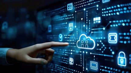 Hand touching a virtual screen with futuristic Smart energy storage technology icons on a dark blue background, representing a data center, server room, or network security concept.