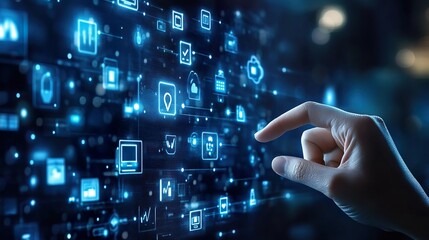 Hand touching a virtual screen with futuristic Smart energy storage technology icons on a dark blue background, representing a data center, server room, or network security concept.