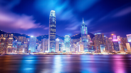 Fototapeta premium A breathtaking view of a city skyline at night, with towering skyscrapers brightly lit and reflecting on the waterfront