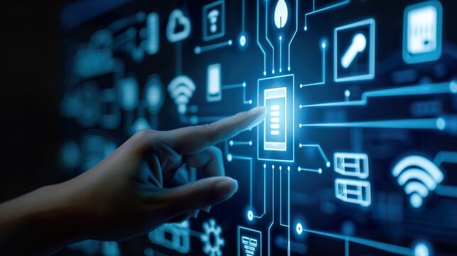 Hand touching a virtual screen with futuristic technology icons on a dark blue background, representing a data center, server room, or network security concept.