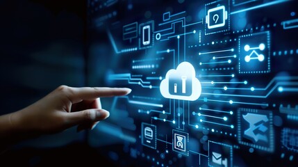 Hand touching a virtual screen with futuristic Smart energy storage technology icons on a dark blue background, representing a data center, server room, or network security concept.